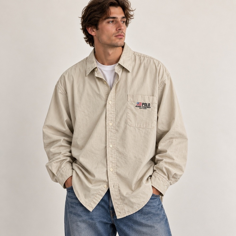 Vintage Ralph Lauren Polo Jeans Co Flag Khaki Shirt Mens L Oversized Y2K 90s